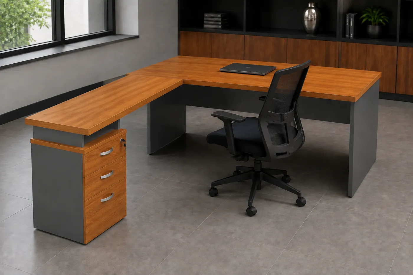 Mesa auxiliar pedestal 3 gavetas — aplicação em ambiente