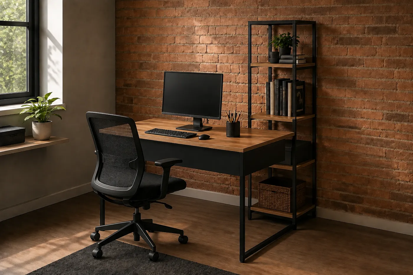 Mesa com estante industrial — aplicação em ambiente