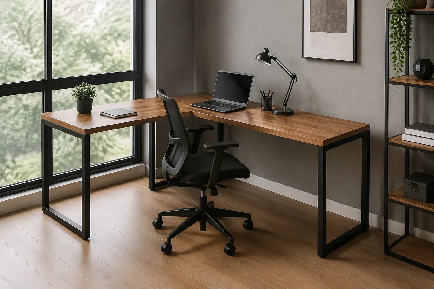 Mesa angular pé retangular industrial — aplicação em ambiente