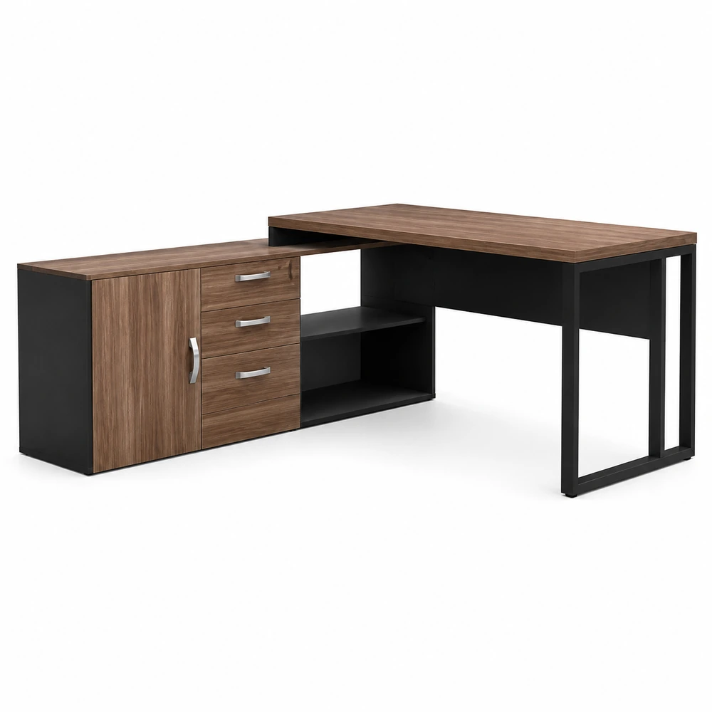 Mesa reta com credenza pé retangular 3 gavetas