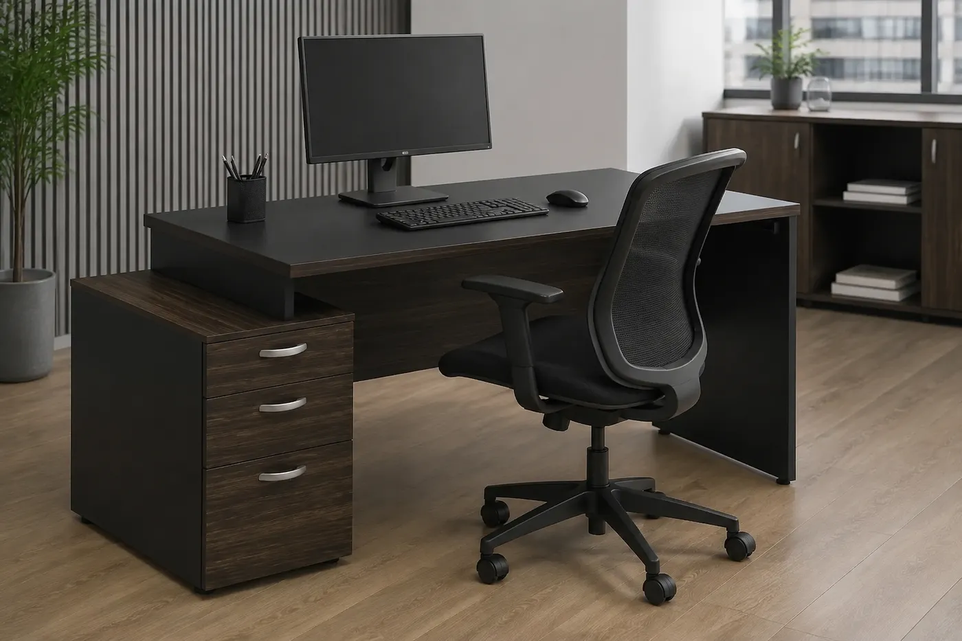 Mesa pedestal 3 gavetas — aplicação em ambiente