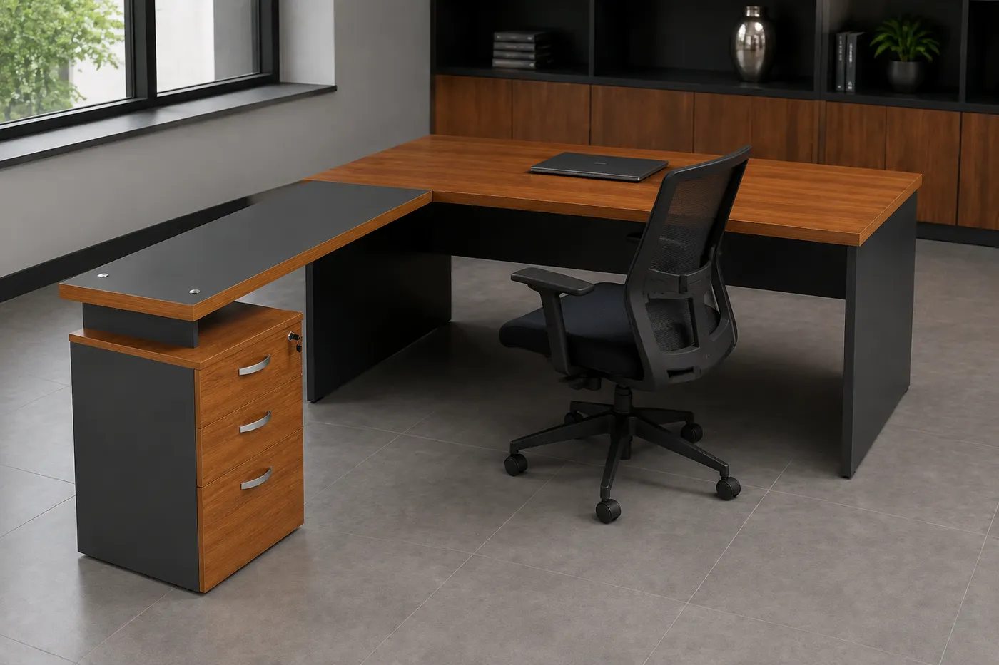 Mesa auxiliar pedestal 3 gavetas — aplicação em ambiente