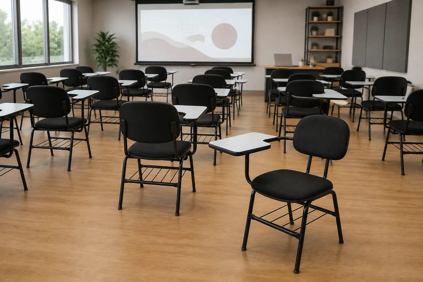 Cadeira universitária secretária com prancheta — aplicação em ambiente