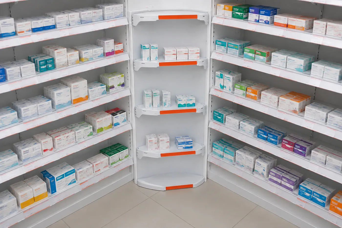 Gôndola de canto FIT Farma 30 — aplicação em ambiente