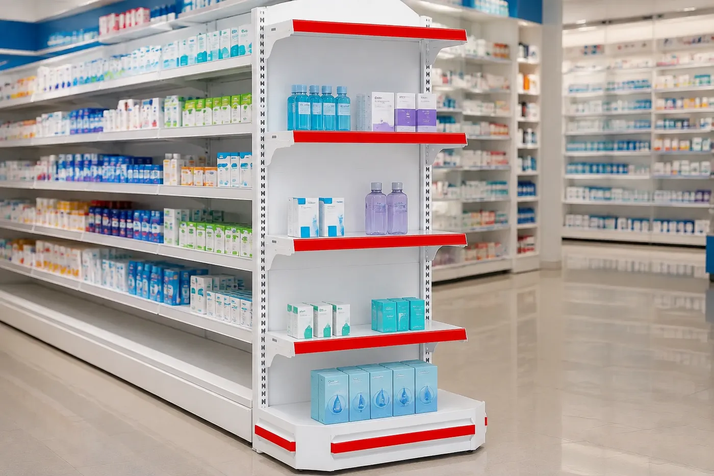 Gôndola ponta FIT Farma 30 com pódium — aplicação em ambiente