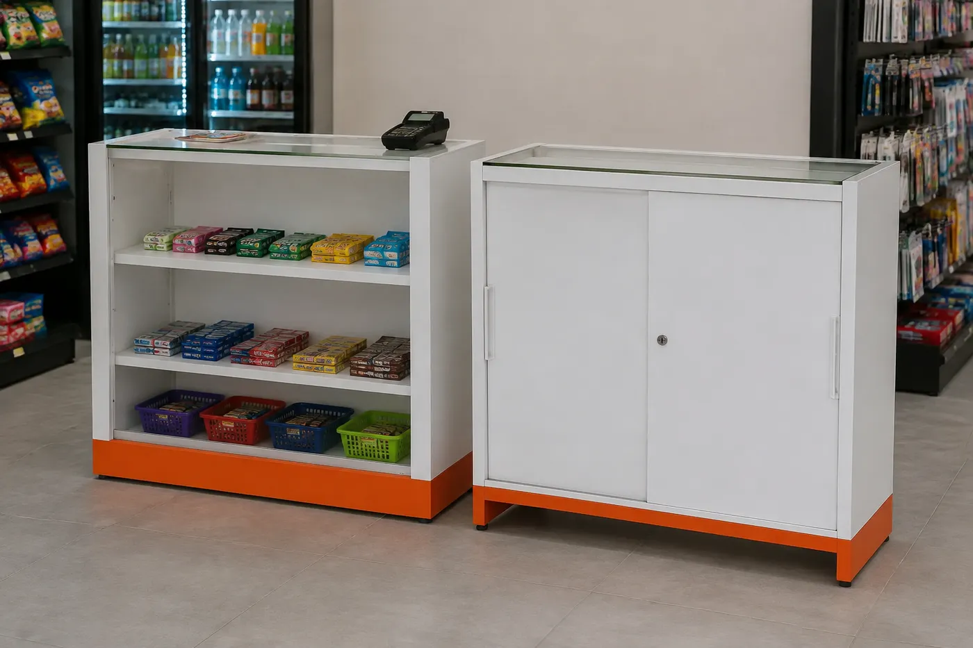 Balcão expositor com porta — aplicação em ambiente